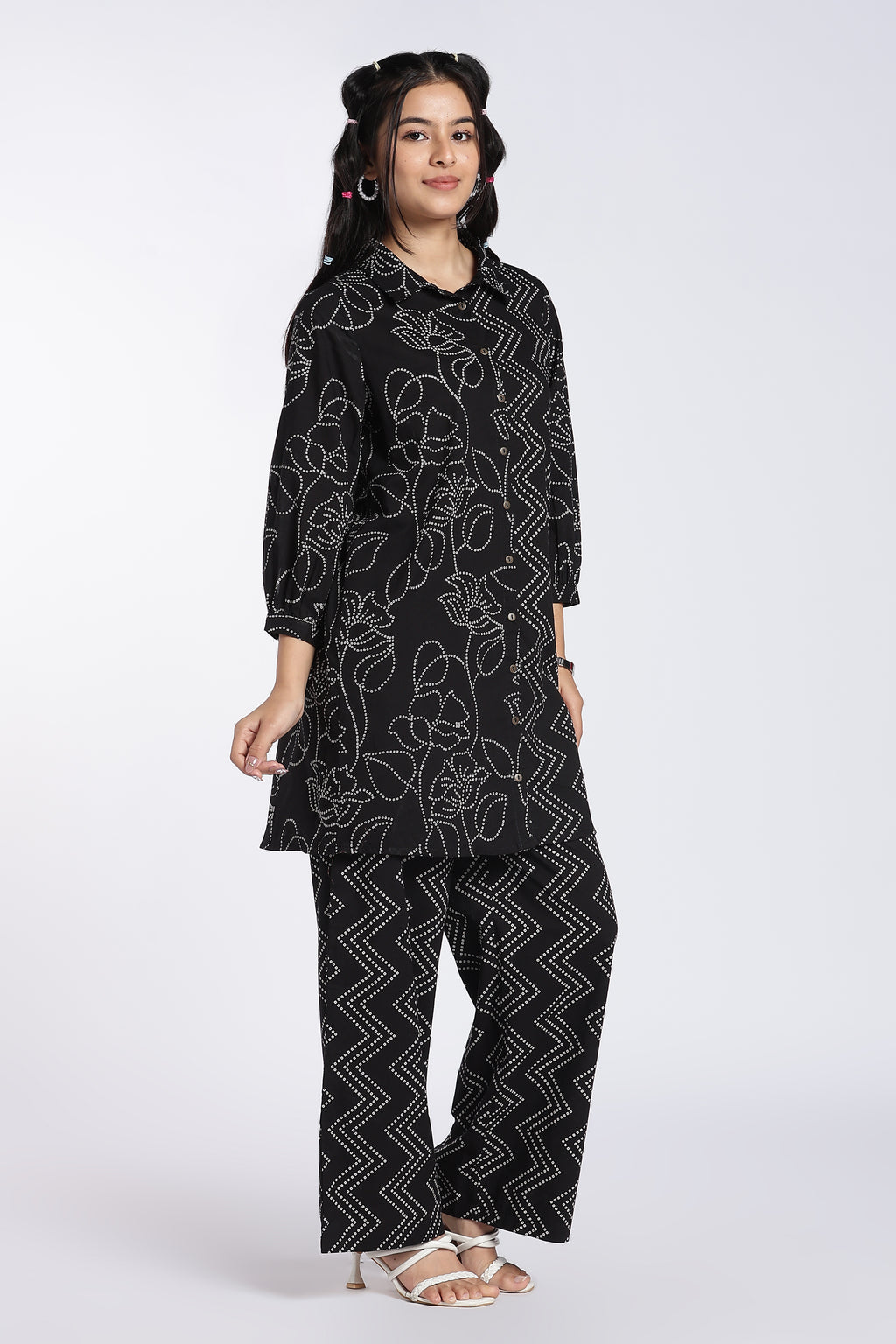 Black Printed Kurta With Wide Leg Fit Palazzo for Women - Image 6