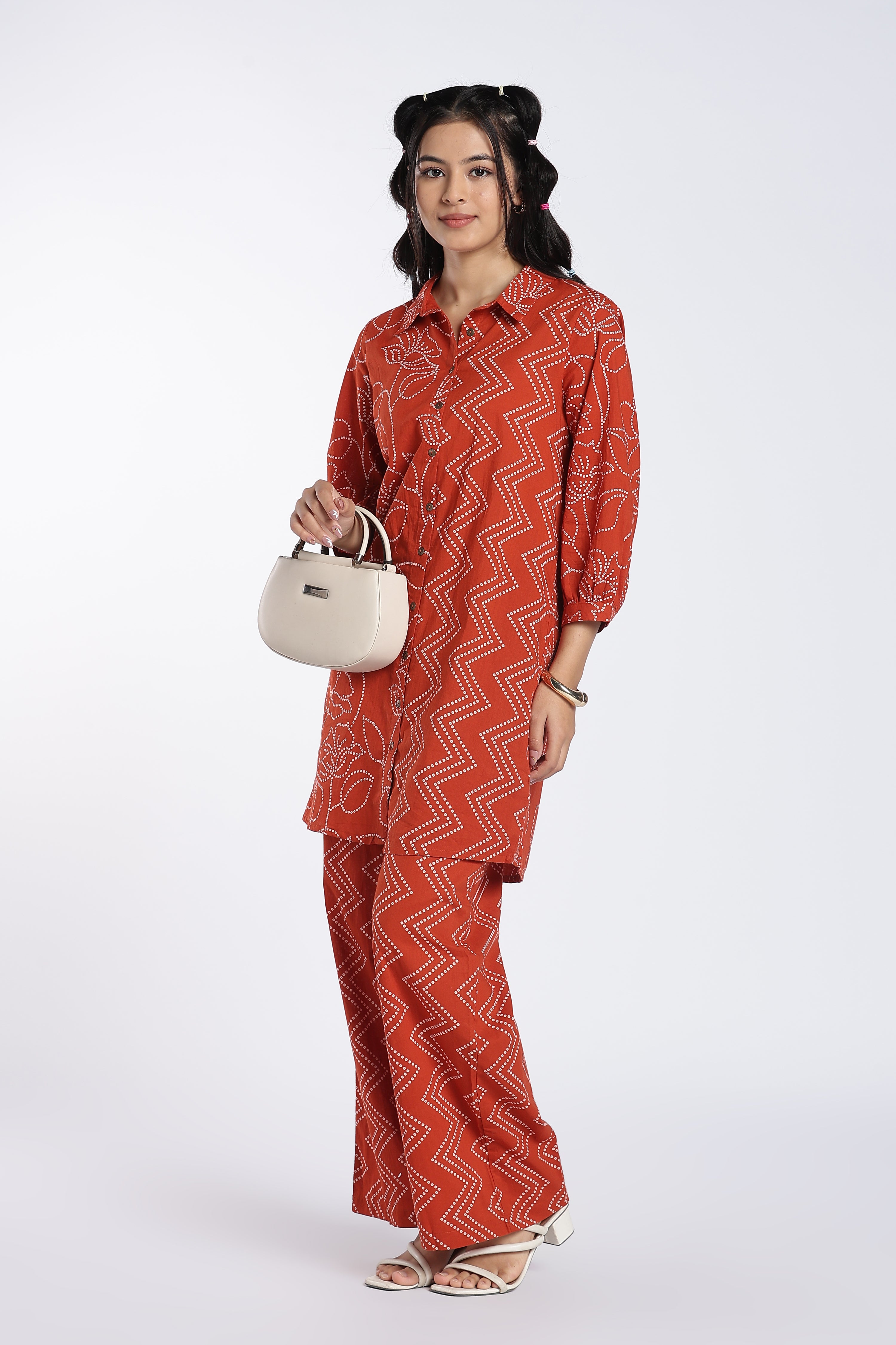 Rust Printed Kurta With High Rise Wide Leg Fit Palazzo