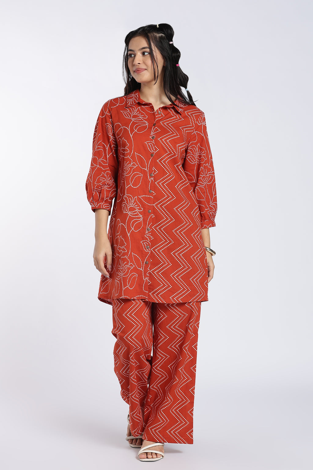 Rust Printed Kurta With High Rise Wide Leg Fit Palazzo for Women - Image 2
