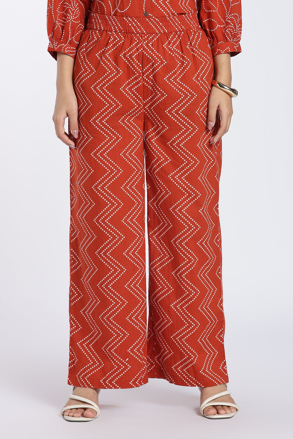 Rust Printed Kurta With High Rise Wide Leg Fit Palazzo for Women - Image 4