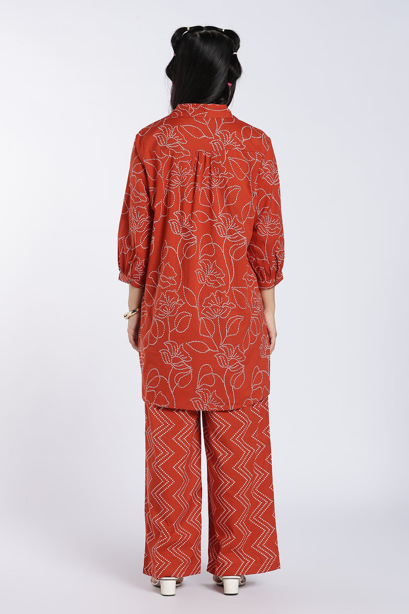 Rust Printed Kurta With High Rise Wide Leg Fit Palazzo for Women - Image 5