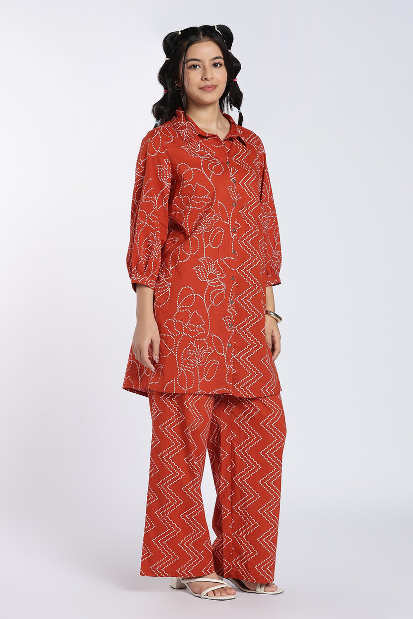 Rust Printed Kurta With High Rise Wide Leg Fit Palazzo for Women - Image 6