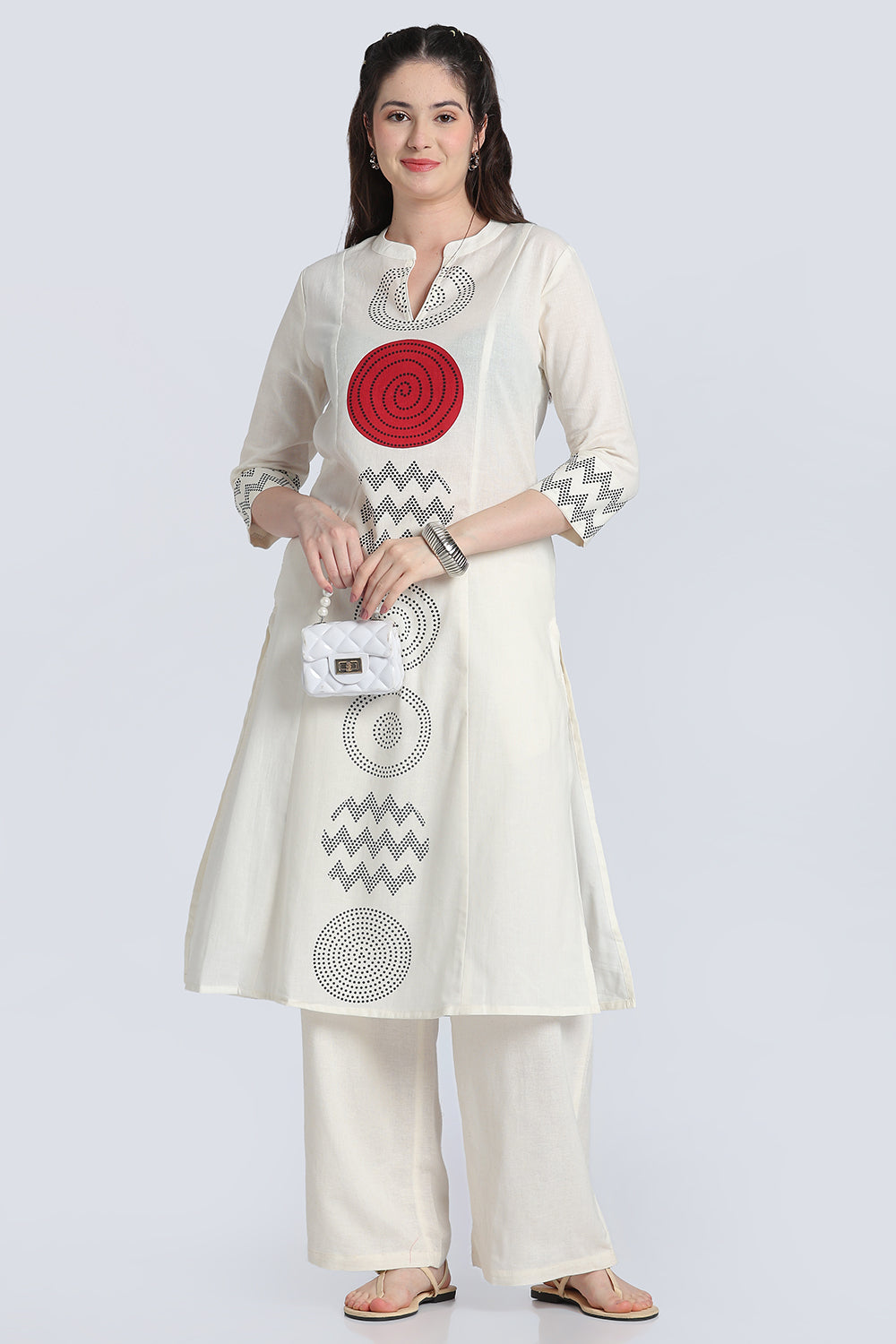 Off White Printed Regular Fit Kurta for Women - Image 1