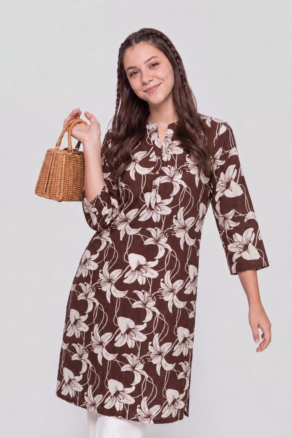 Brown Floral Regular Fit Kurta for Women - Image 1