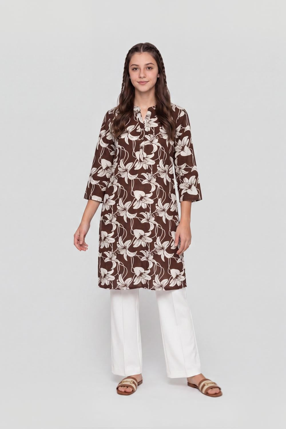 Brown Floral Regular Fit Kurta for Women - Image 2