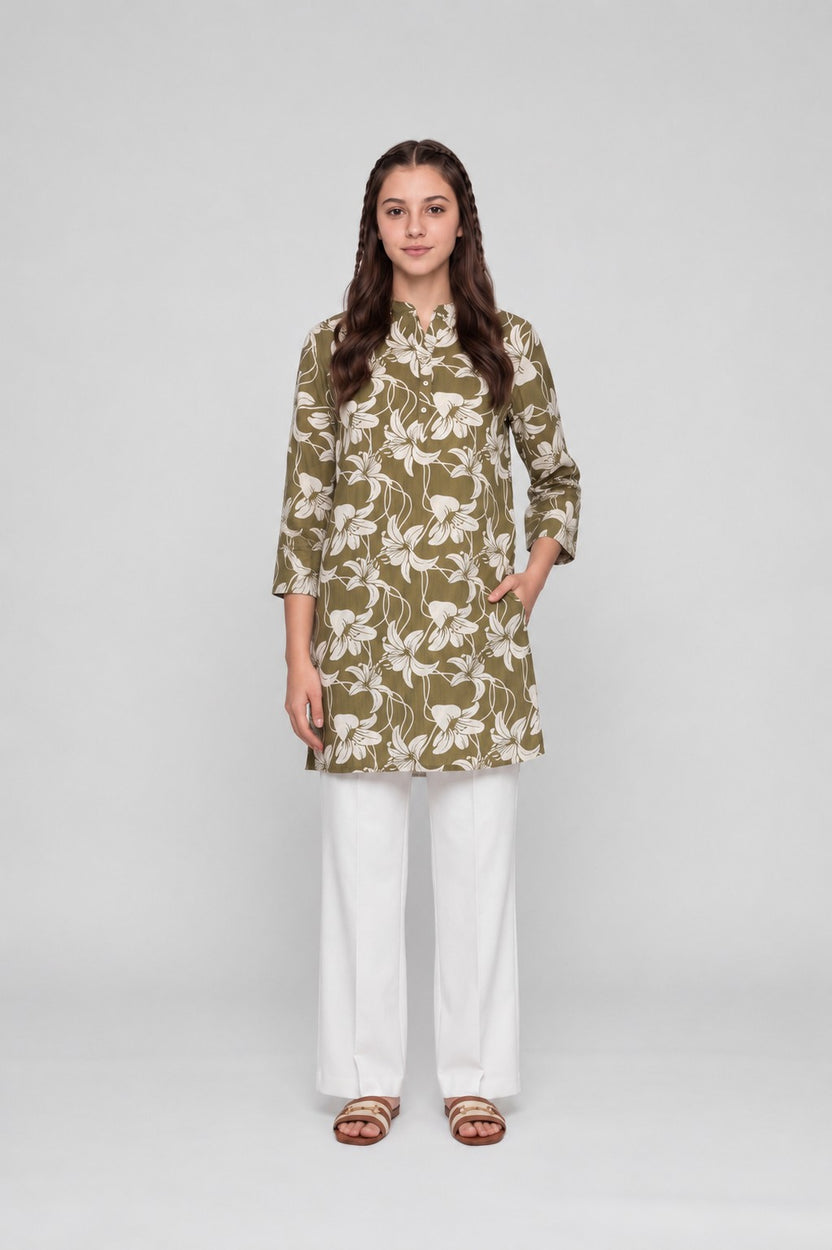 Green Floral Print Straight Kurta for Women - Image 7