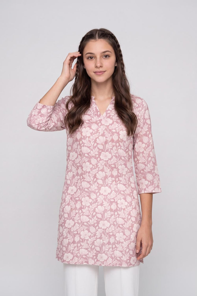 Pink Floral Straight Fit Kurta for Women - Image 2