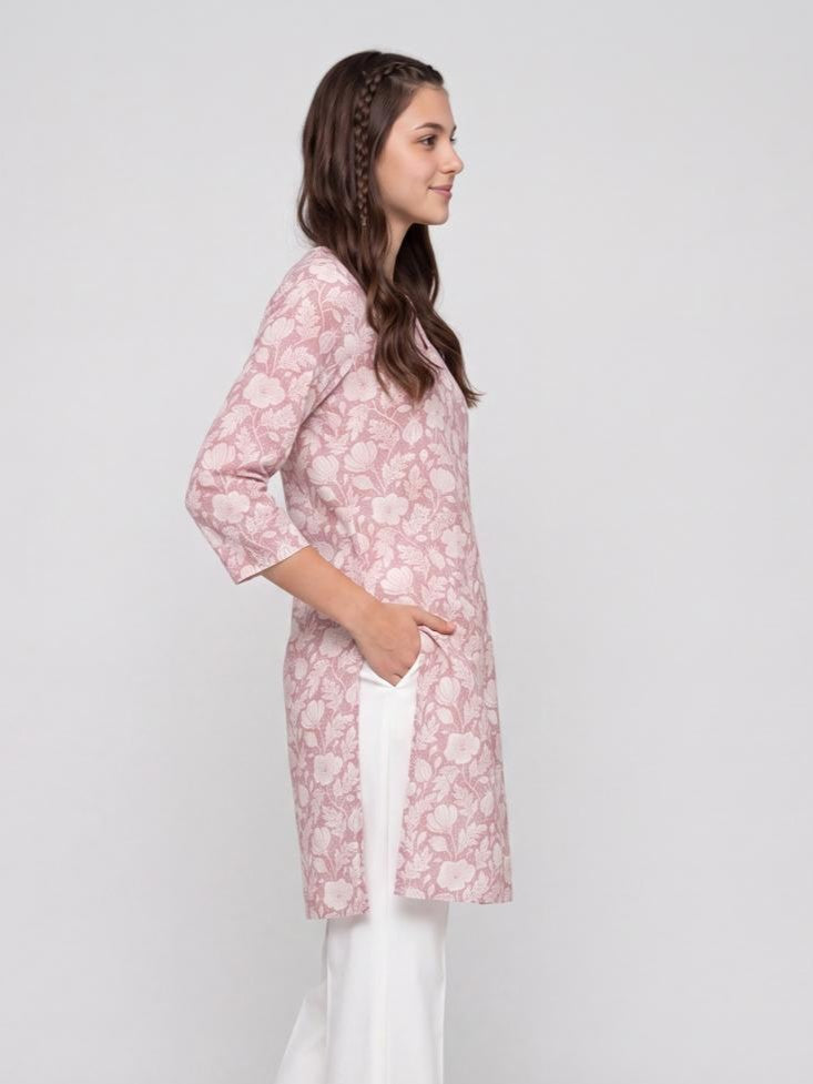 Pink Floral Straight Fit Kurta for Women - Image 4