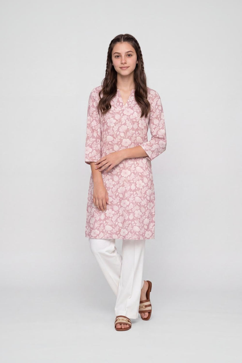 Pink Floral Straight Fit Kurta for Women - Image 6