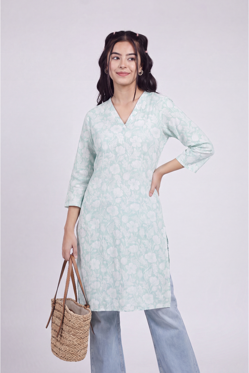 Mint Floral Printed Regular Fit Kurta for Women - Image 1