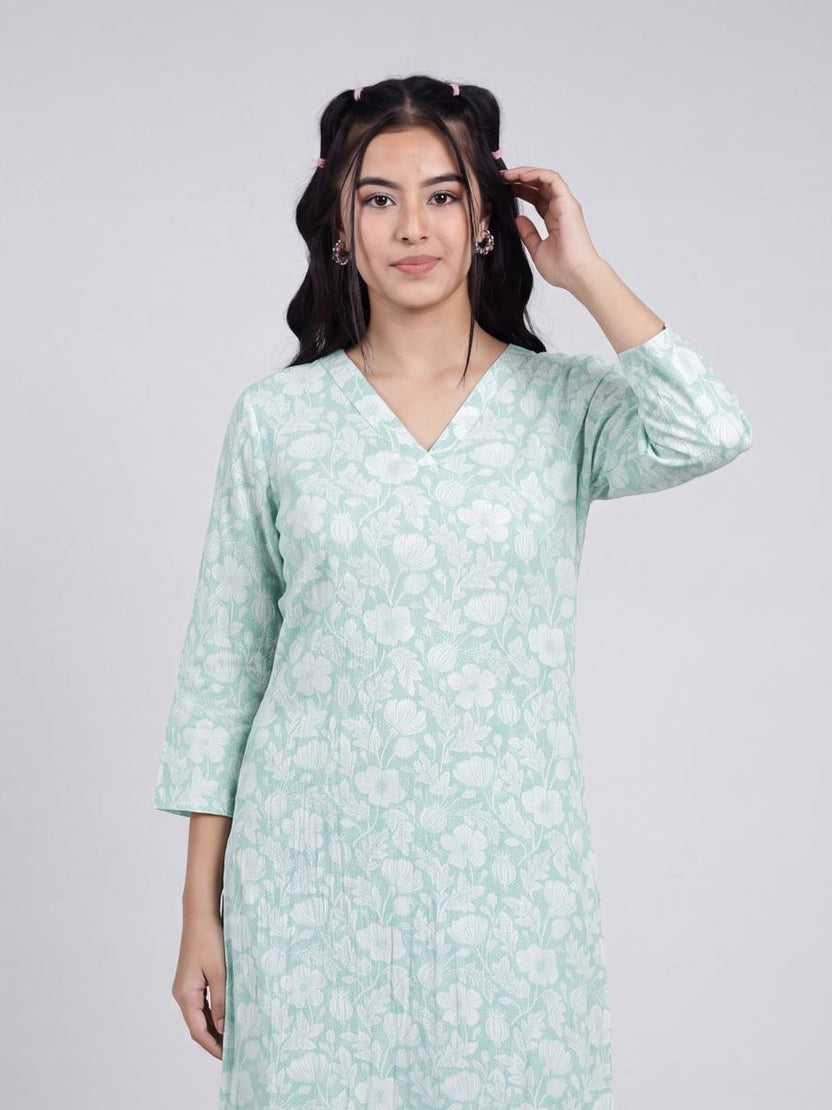 Mint Floral Printed Regular Fit Kurta for Women - Image 3