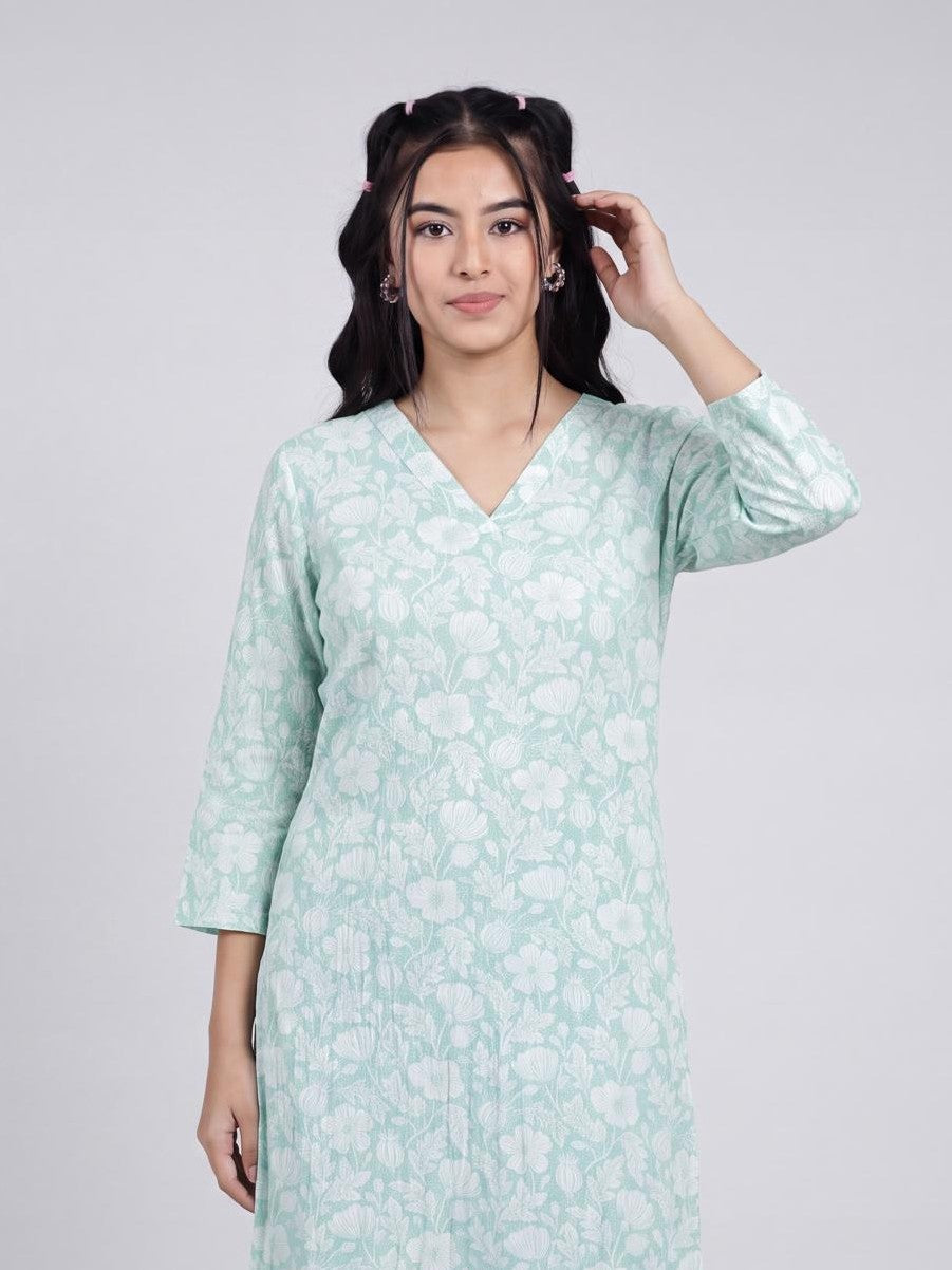 Mint Floral Printed Regular Fit Kurta for Women - Image 6