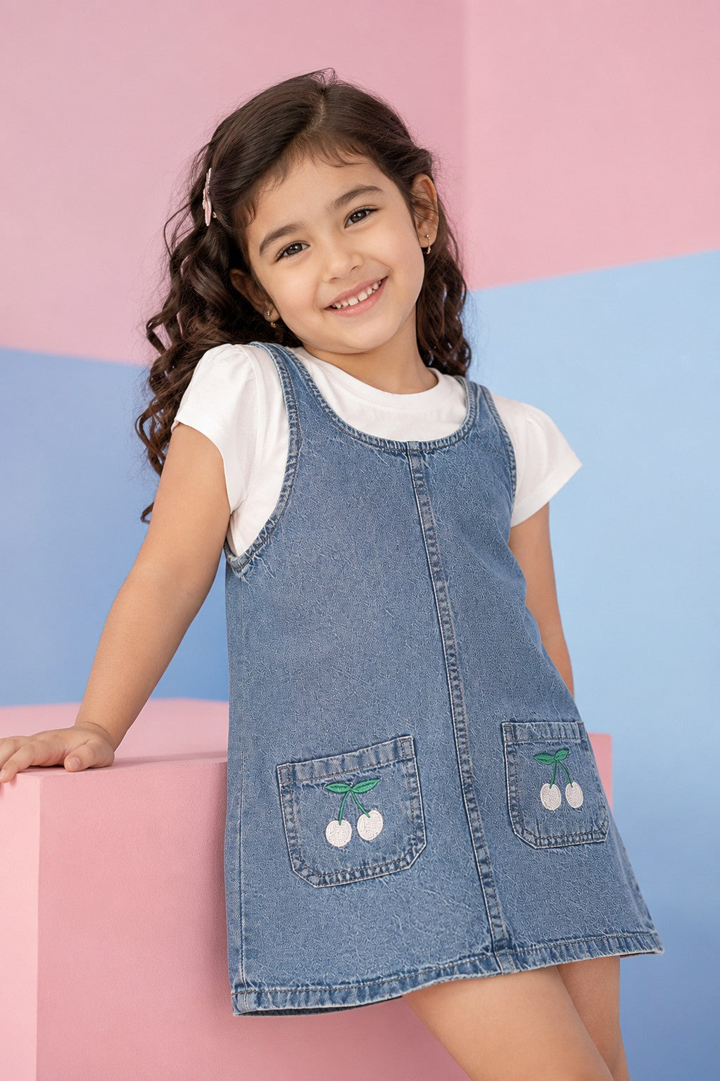 Blue Embroidered Cotton Dungaree With T-Shirt for Girls - Image 1