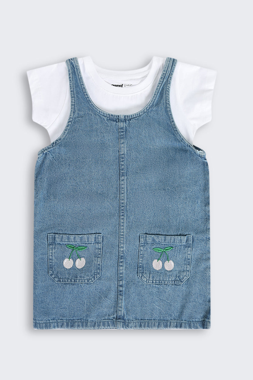 Blue Embroidered Cotton Dungaree With T-Shirt for Girls - Image 2
