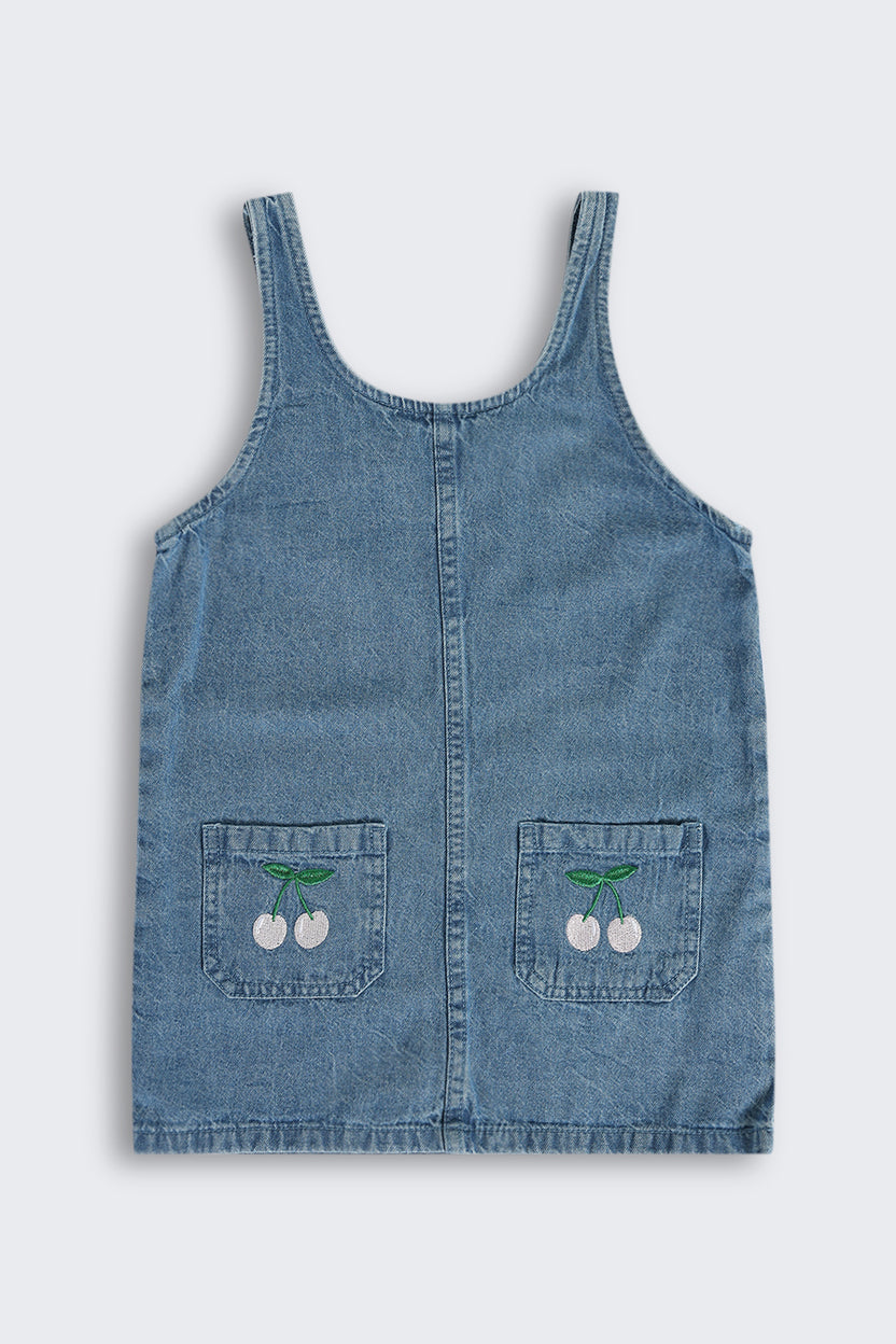 Blue Embroidered Cotton Dungaree With T-Shirt for Girls - Image 4