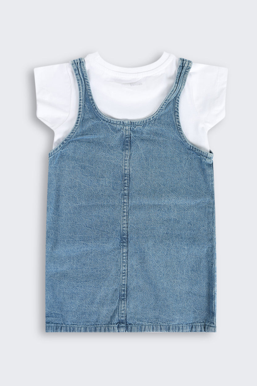 Blue Embroidered Cotton Dungaree With T-Shirt for Girls - Image 5