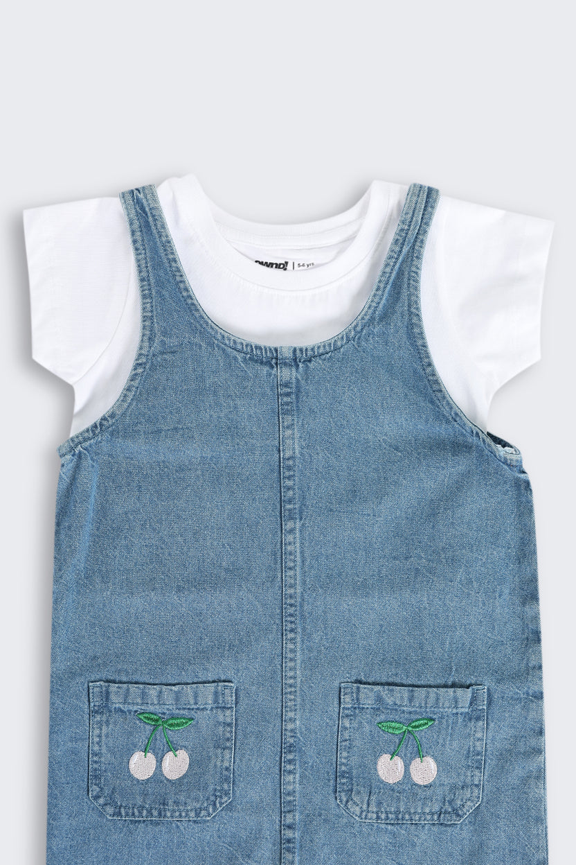 Blue Embroidered Cotton Dungaree With T-Shirt for Girls - Image 6