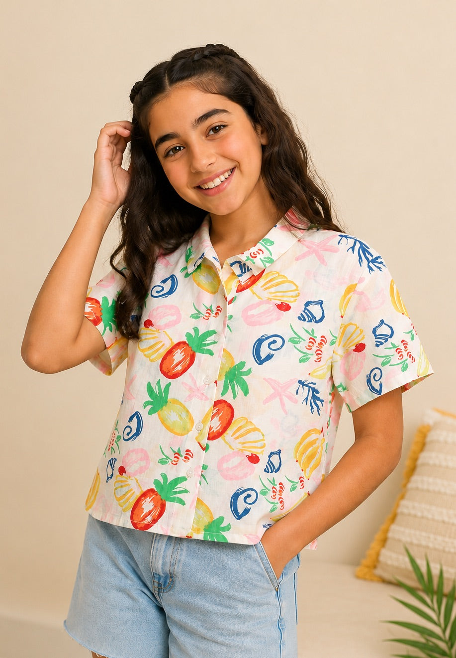 Multi-coloured Fruits Printed Regular Fit Shirt for Tweens Girls - Image 1