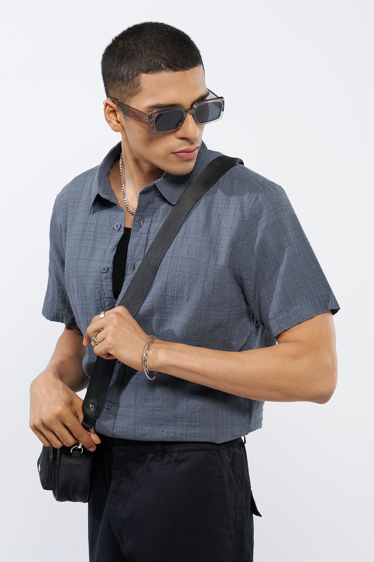 Blue Textured Regular Fit Shirt for Men - Image 1
