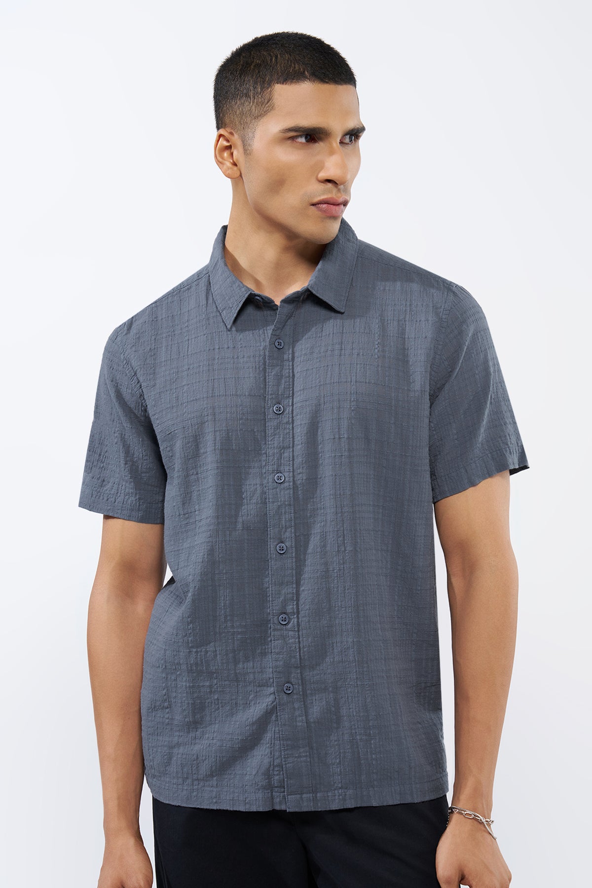 Blue Textured Regular Fit Shirt for Men - Image 2