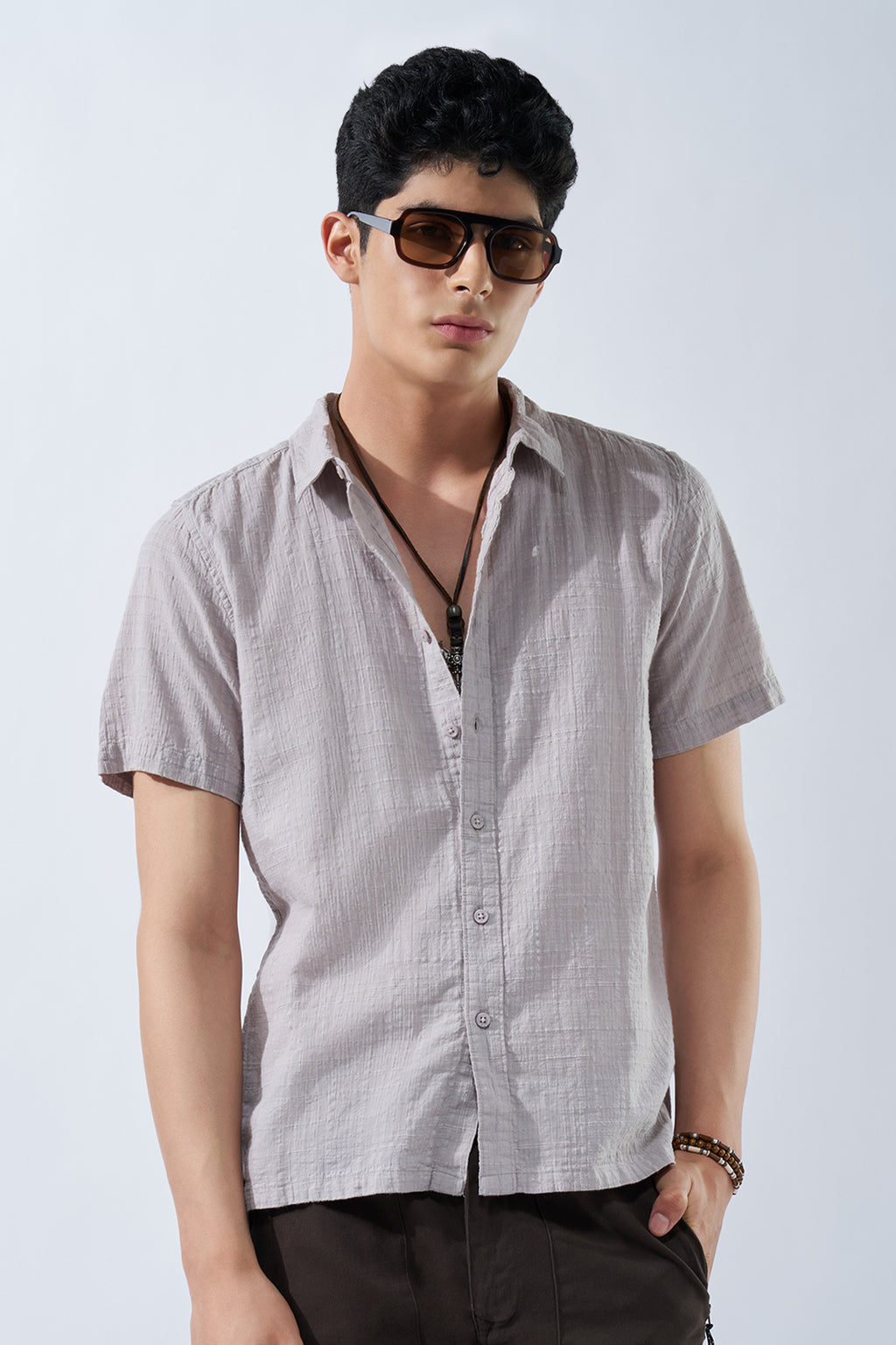 Beige Textured Cotton Shirt for Men - Image 1