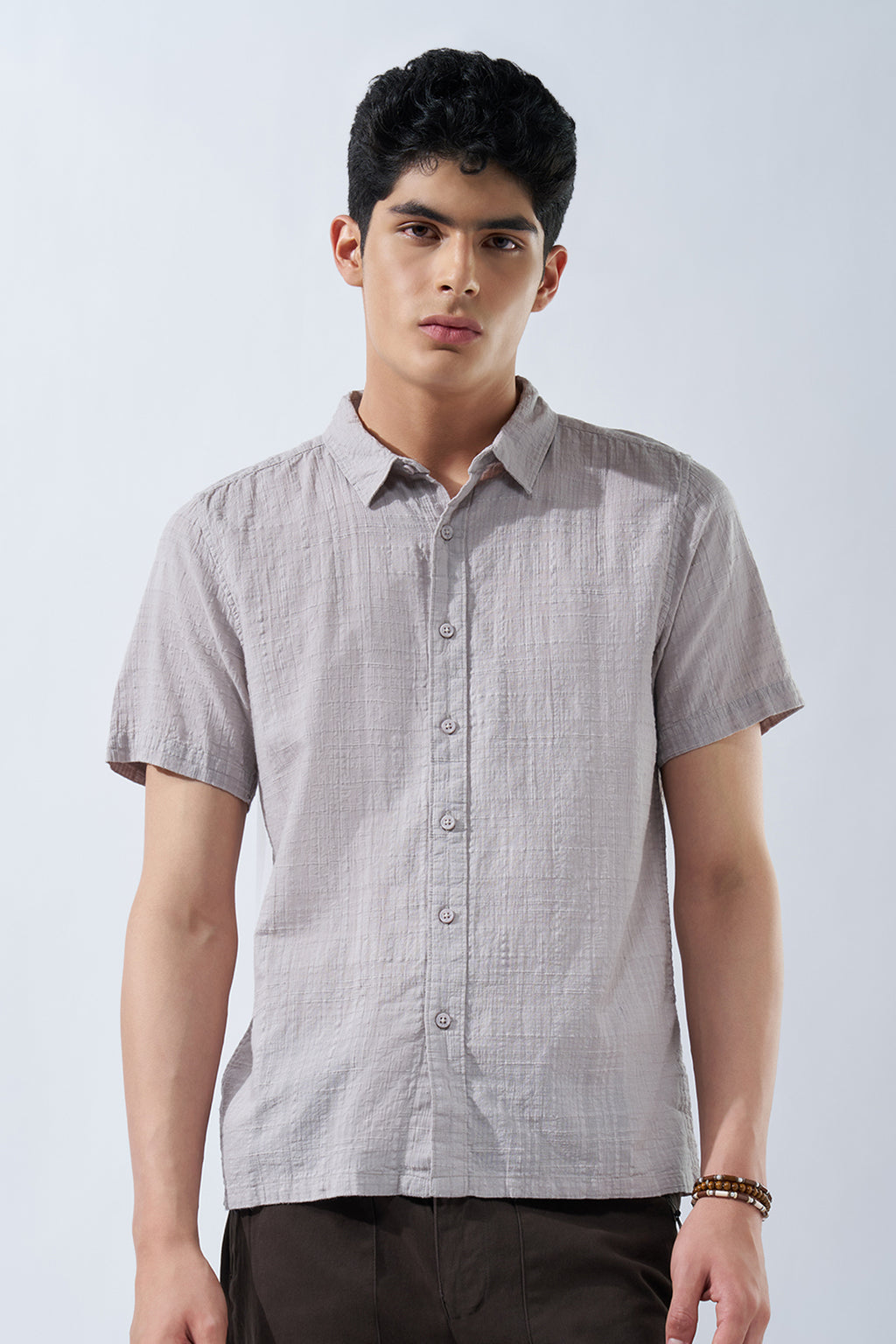Beige Textured Cotton Shirt for Men - Image 2