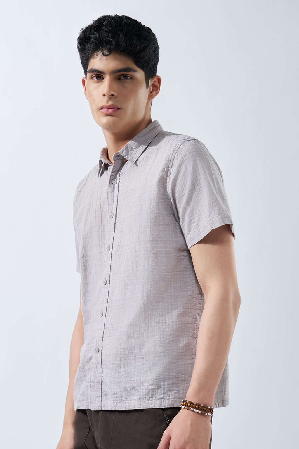 Beige Textured Cotton Shirt for Men - Image 4