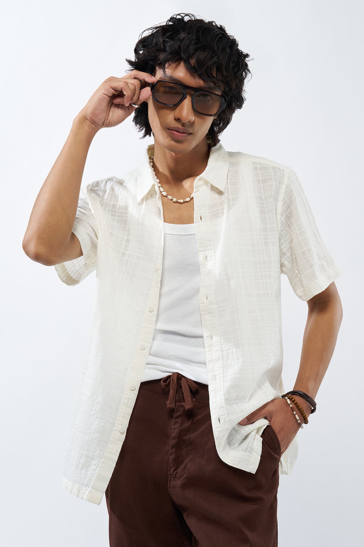 White Textured Regular Fit Shirt for Men - Image 1