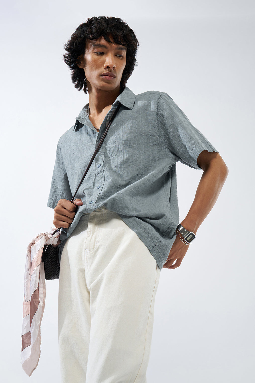 Grey Textured Regular Fit Shirt for Men - Image 1