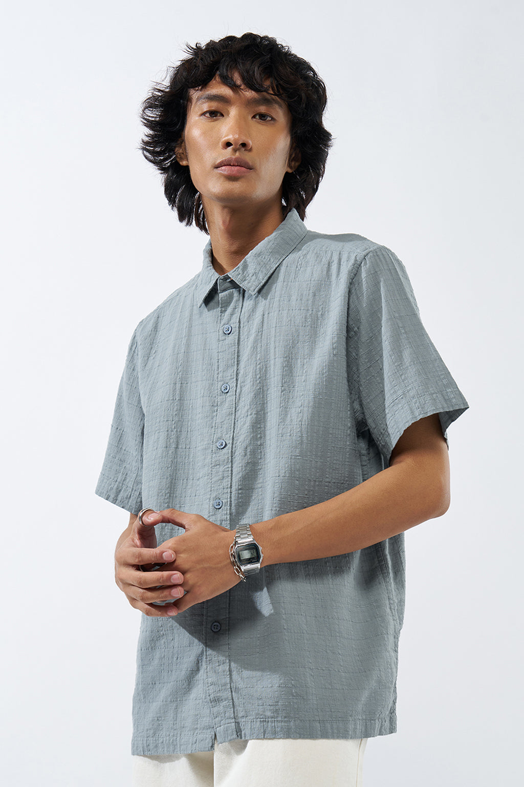 Grey Textured Regular Fit Shirt for Men - Image 4