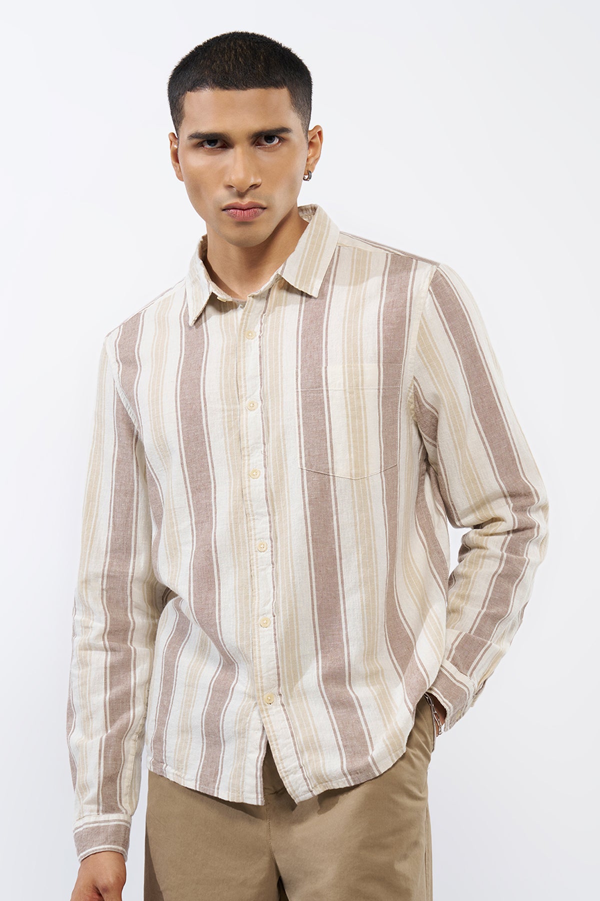 Beige Striped Regular Fit Shirt for Men - Image 2
