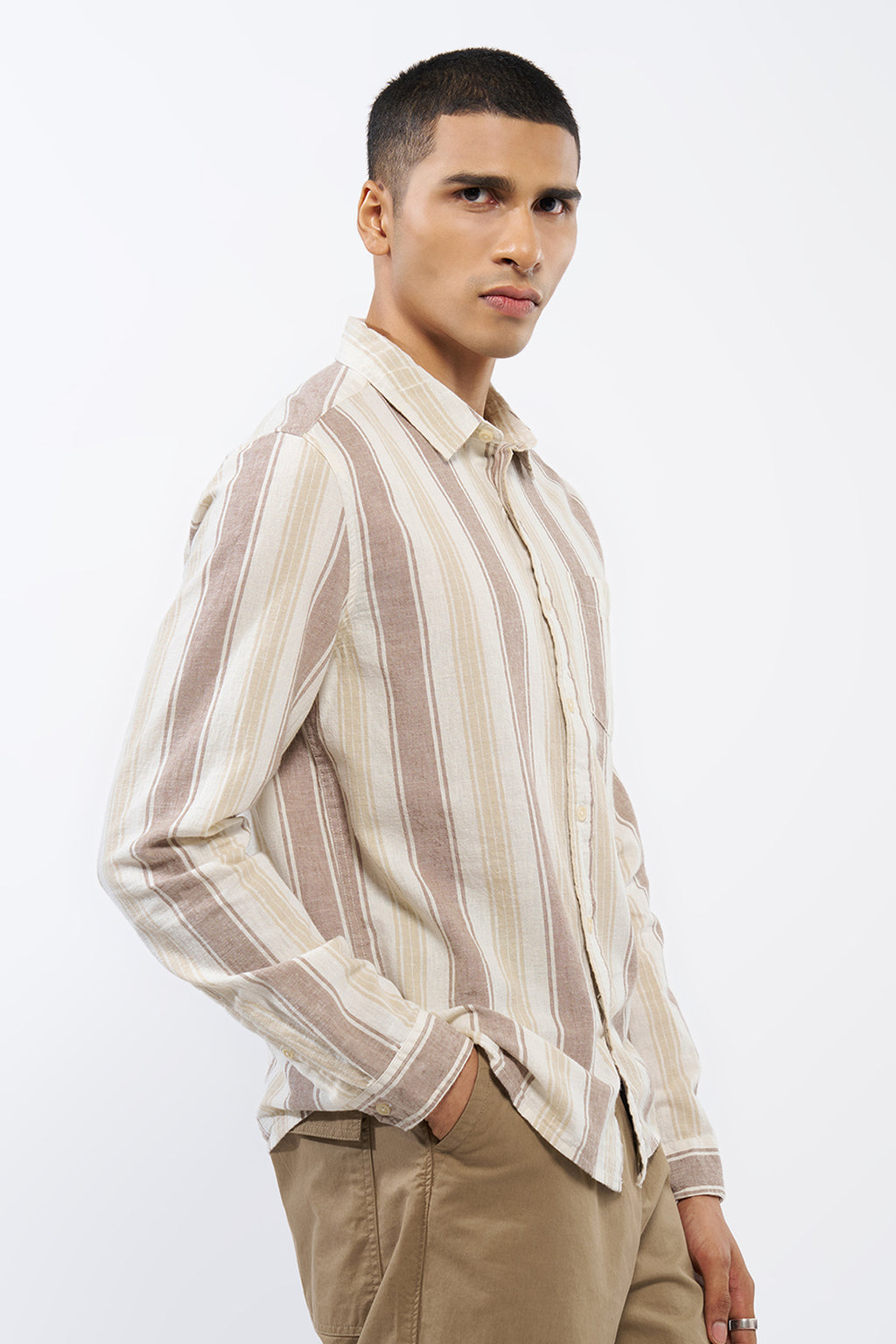 Beige Striped Regular Fit Shirt for Men - Image 4