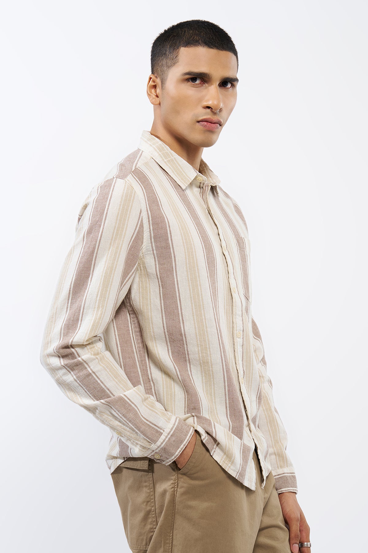 Beige Striped Regular Fit Shirt for Men - Image 4