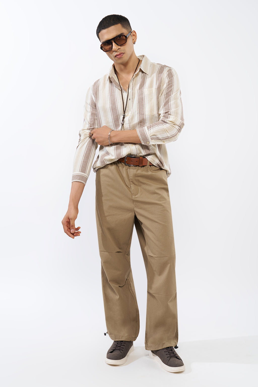 Beige Striped Regular Fit Shirt for Men - Image 6