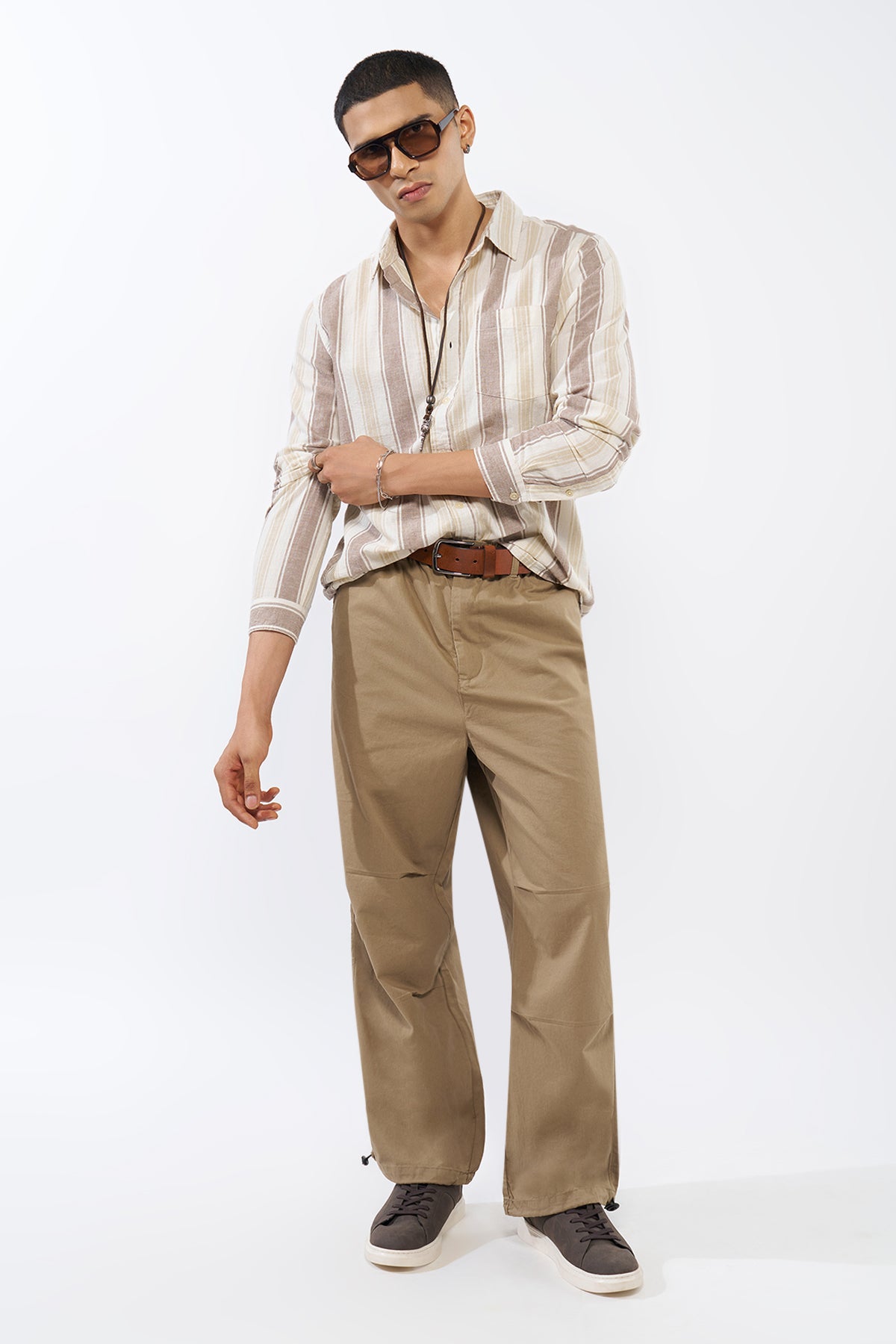 Beige Striped Regular Fit Shirt for Men - Image 6