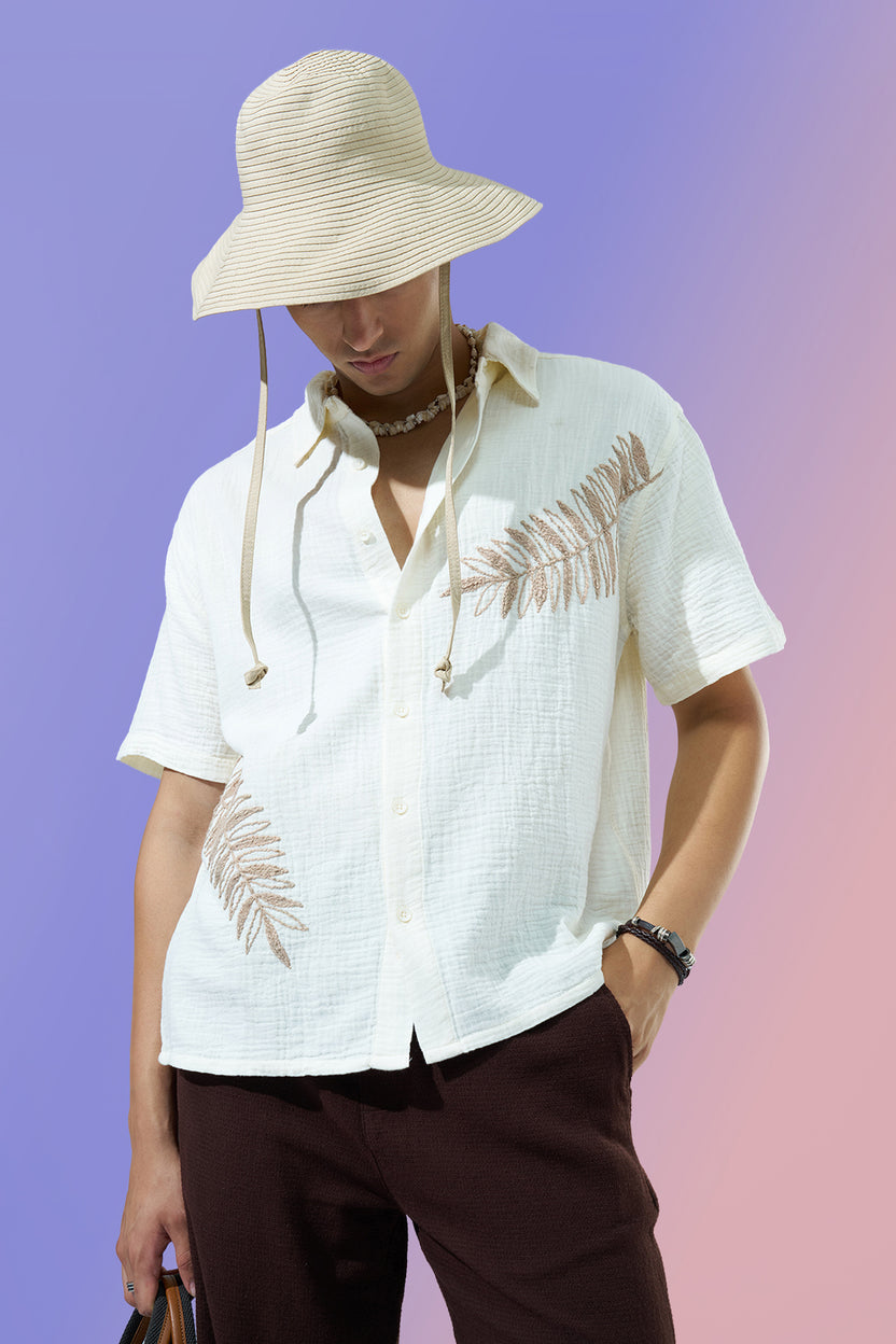 Off White Embroidered Regular Fit Casual Shirt For Men - Image 1