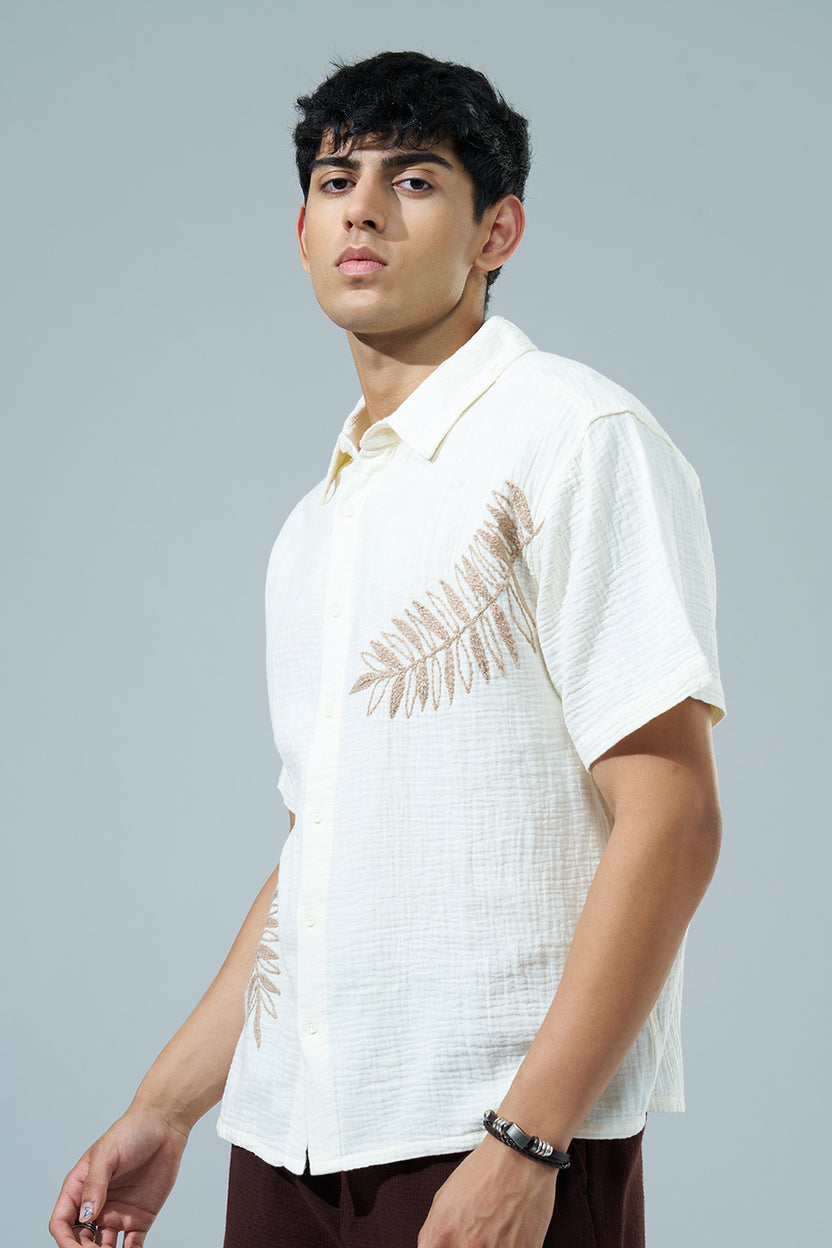Off White Embroidered Regular Fit Casual Shirt For Men - Image 4