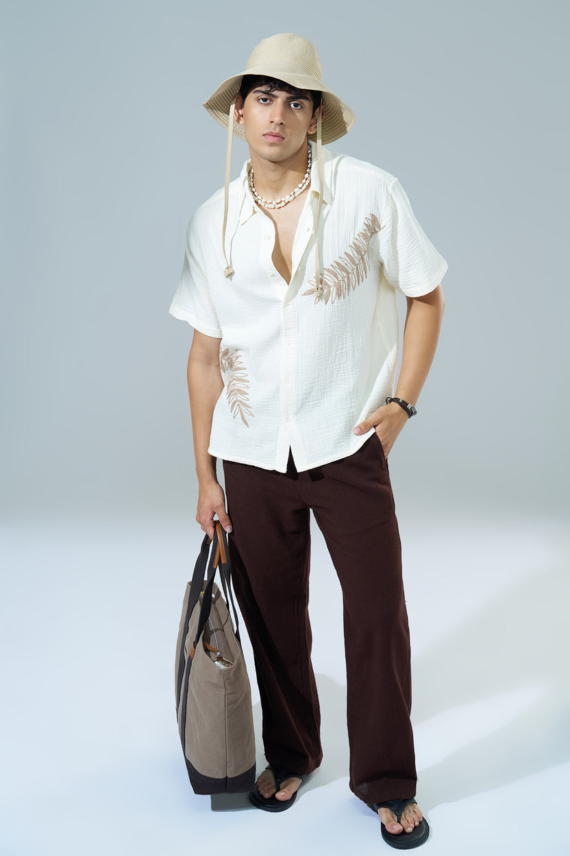 Off White Embroidered Regular Fit Casual Shirt For Men - Image 6