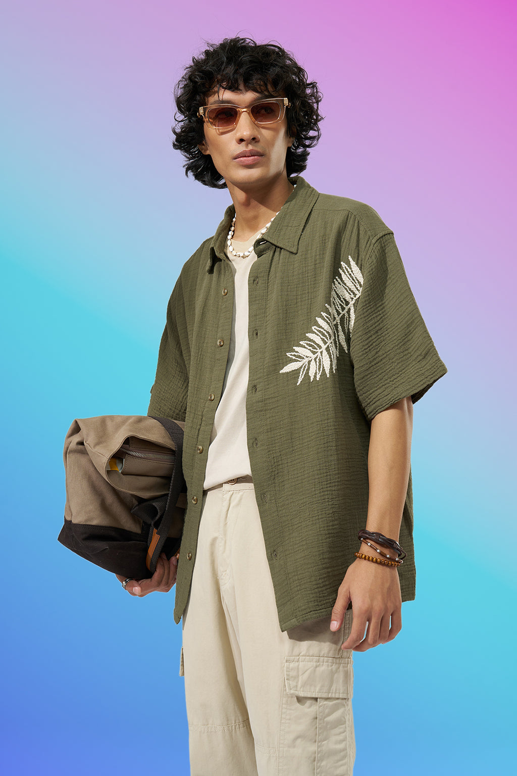 Olive Embroidered Shirt for Men - Image 1