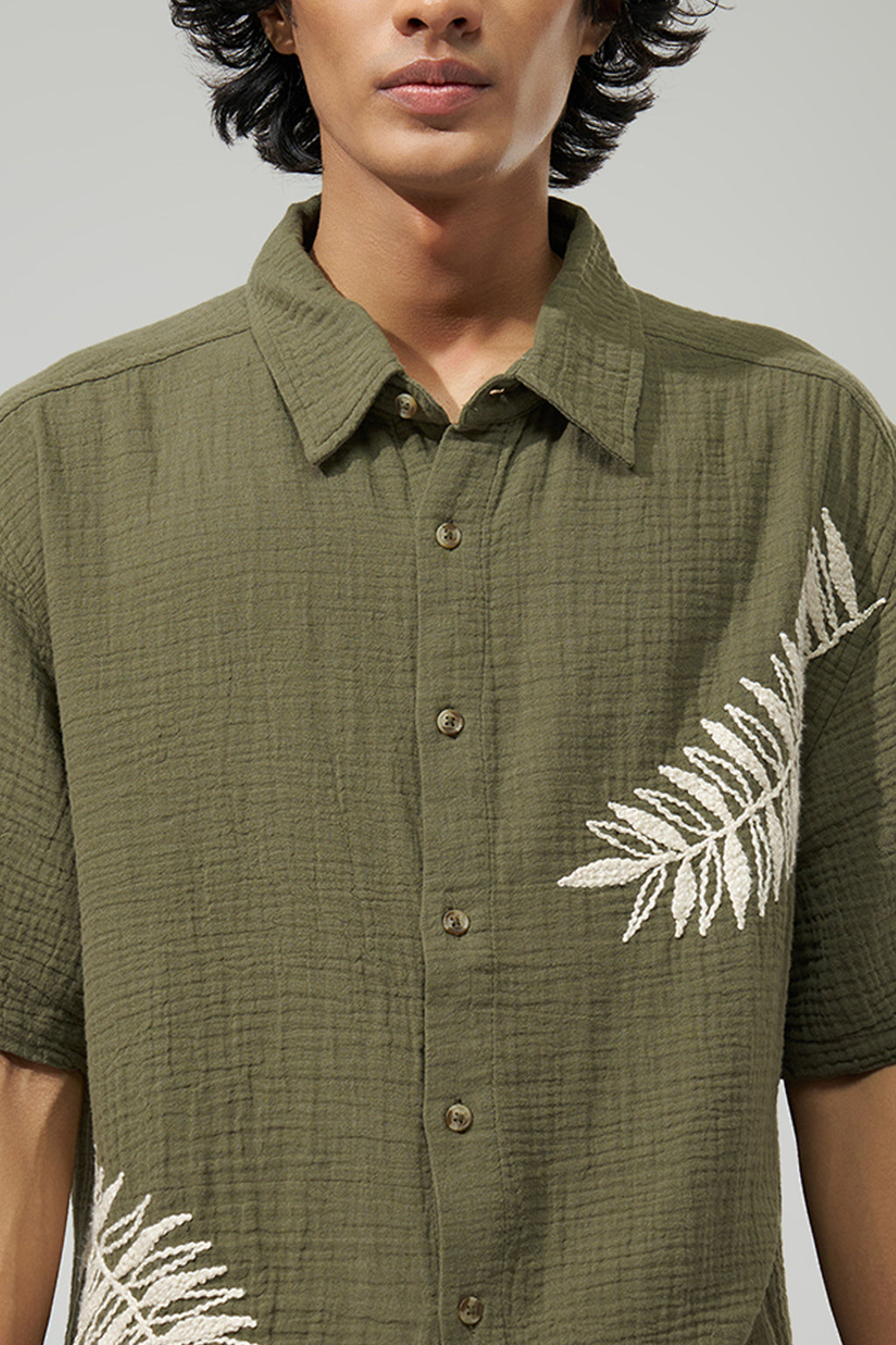 Olive Embroidered Shirt for Men - Image 2