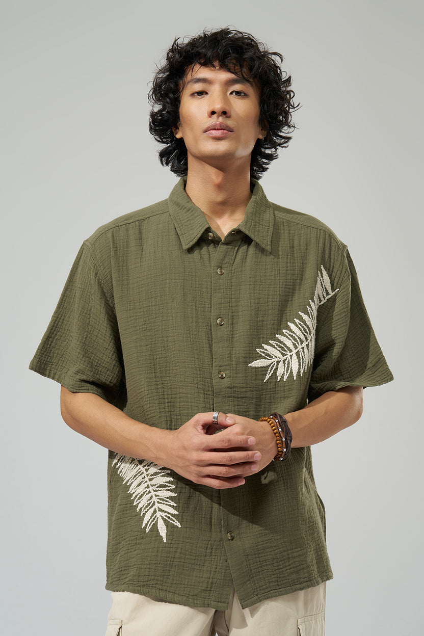 Olive Embroidered Shirt For Men - Image 3