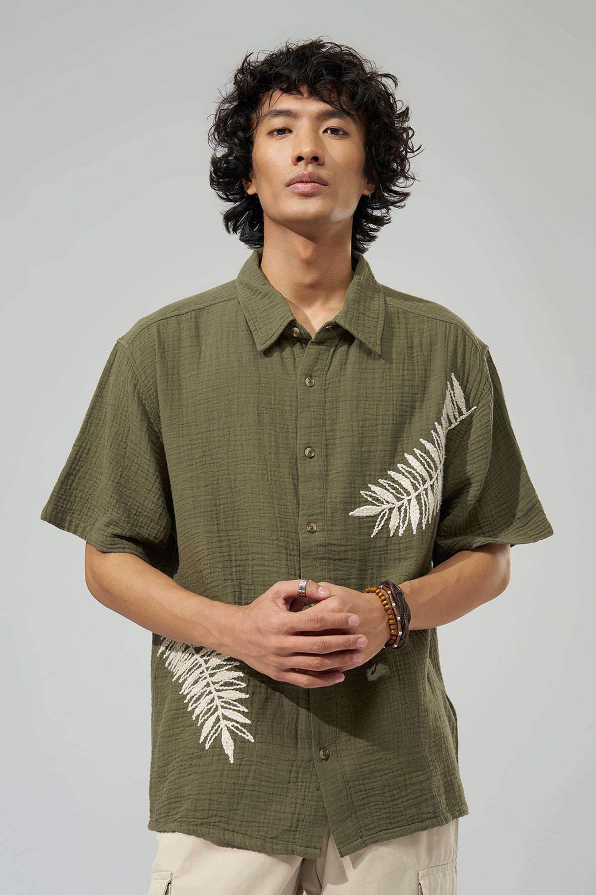 Olive Embroidered Shirt for Men - Image 3