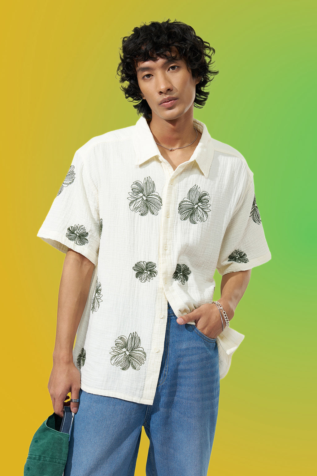 Off-White Textured Embroidered Shirt for Men - Image 1