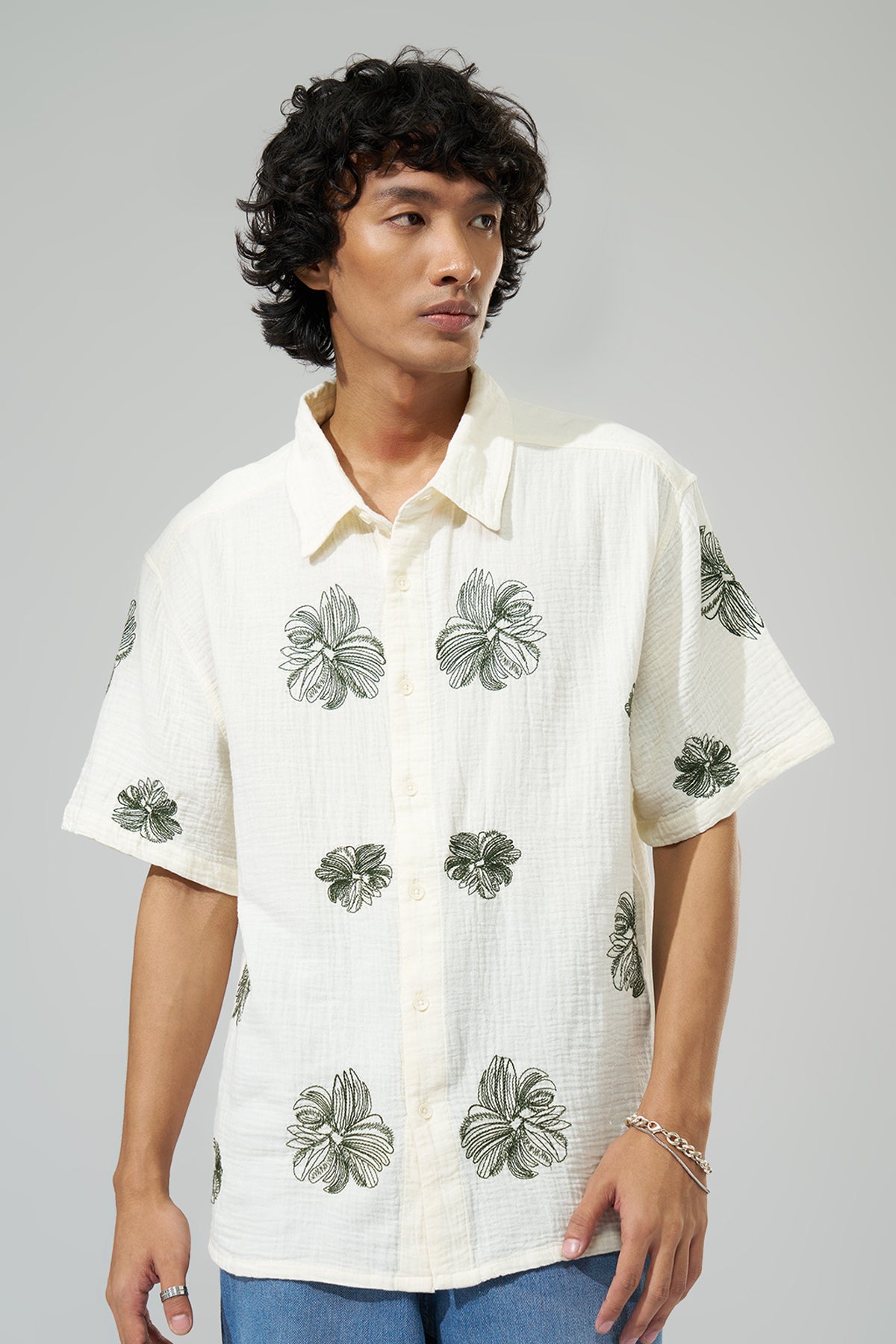 Off-White Textured Embroidered Shirt for Men - Image 3