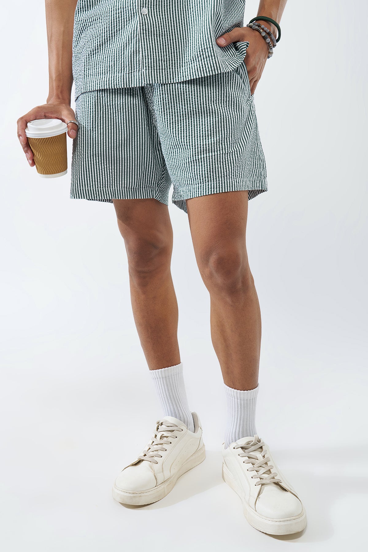 Green Striped Regular Fit Shorts for Men - Image 1