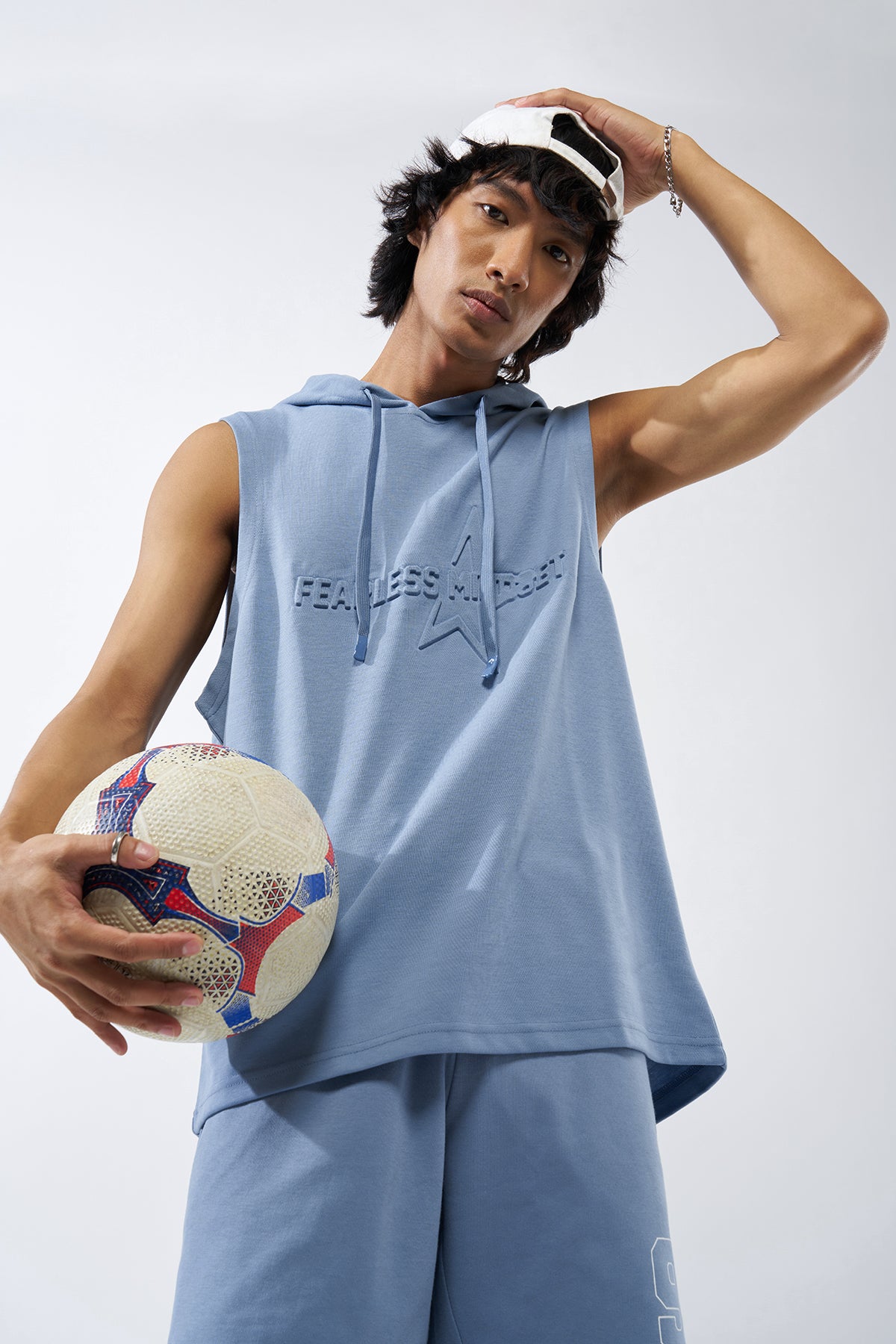 Blue Embossed Regular Fit Hooded T-Shirt for Men - Image 1