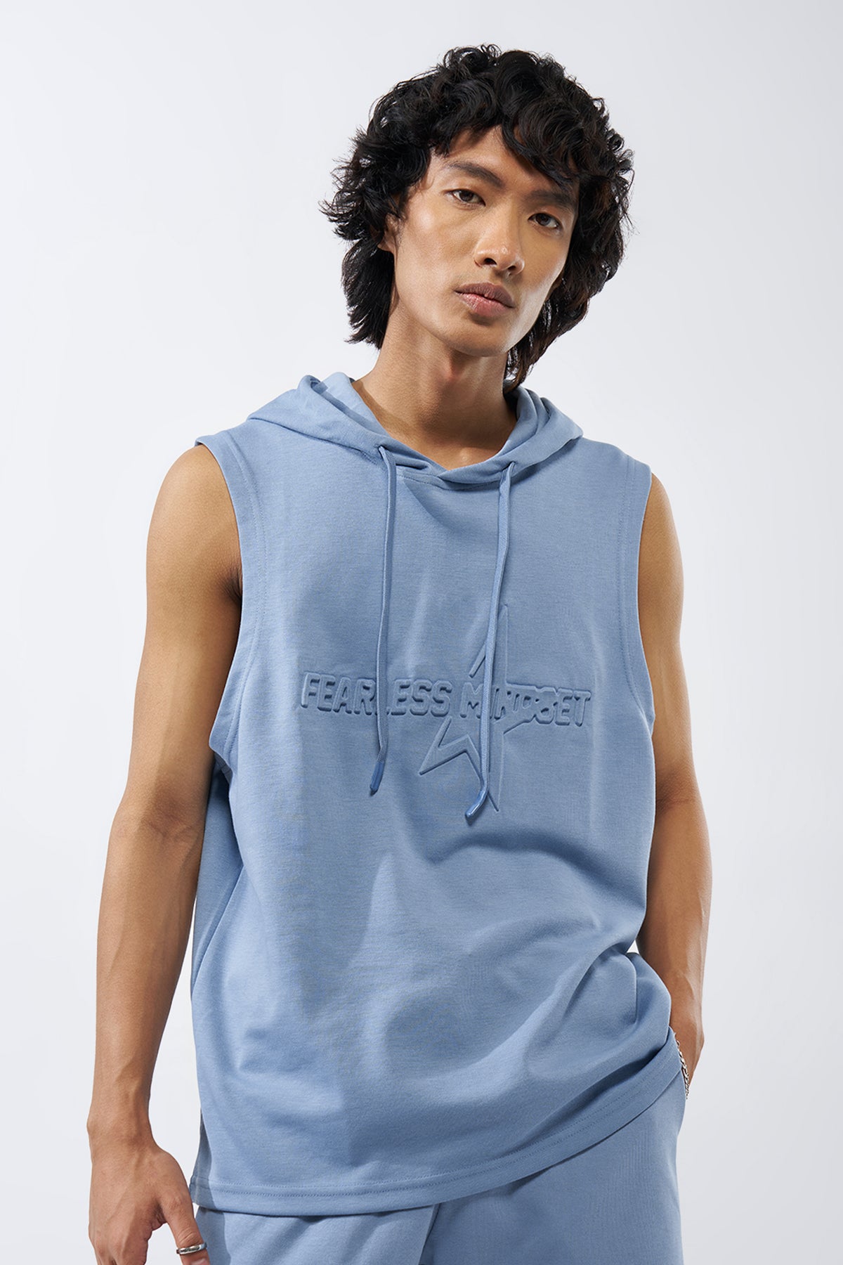 Blue Embossed Regular Fit Hooded T-Shirt for Men - Image 2