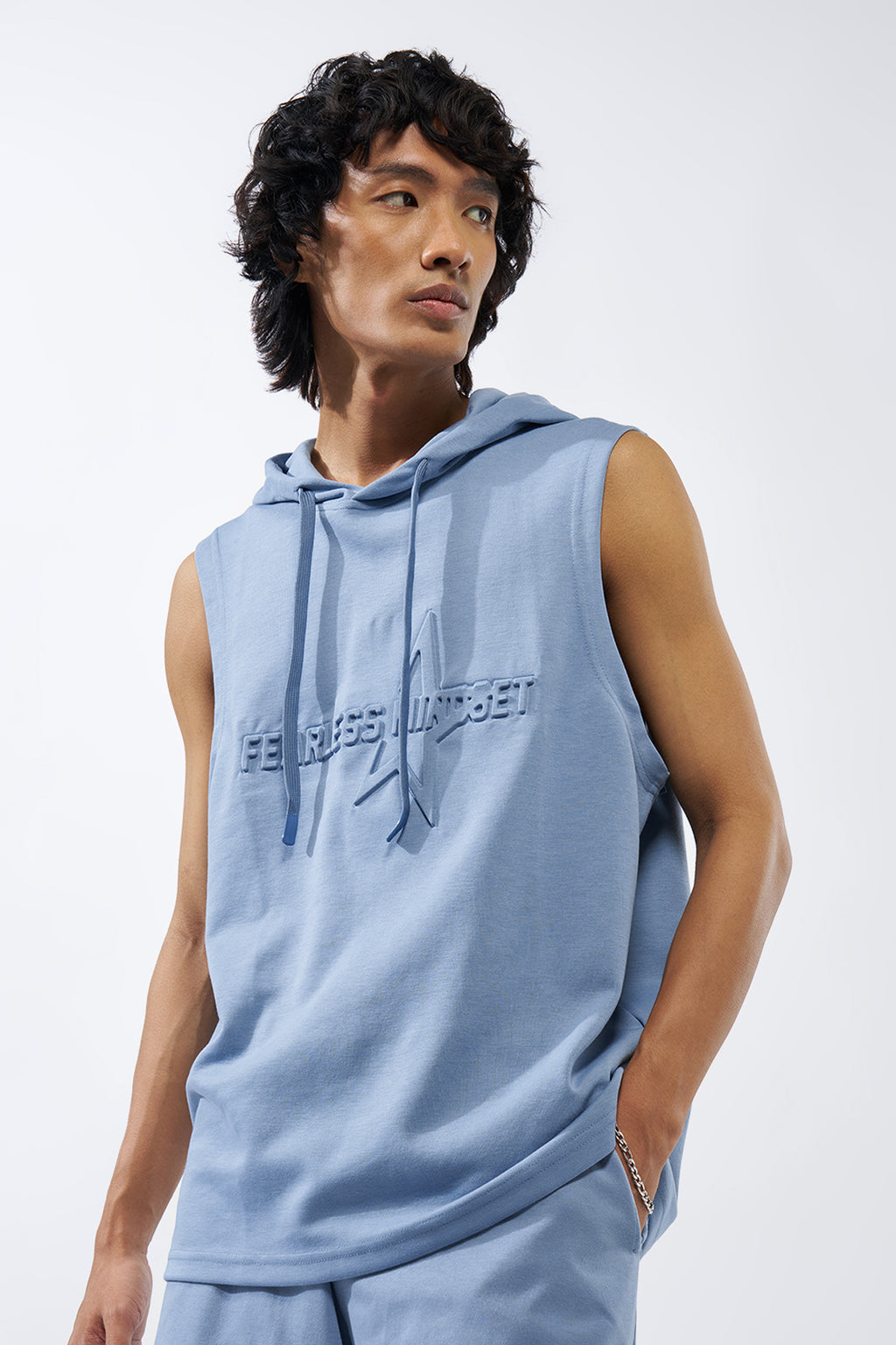 Blue Embossed Regular Fit Hooded T-Shirt for Men - Image 4