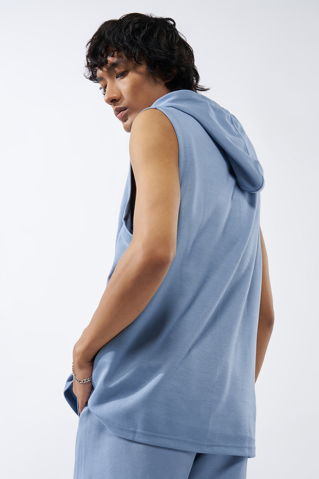 Blue Embossed Regular Fit Hooded T-Shirt for Men - Image 5