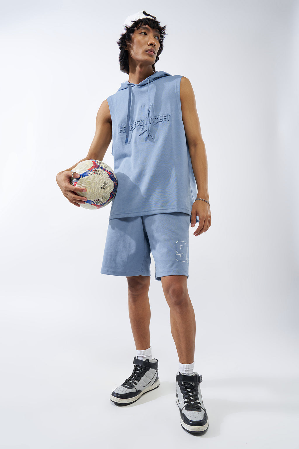 Blue Embossed Regular Fit Hooded T-Shirt for Men - Image 6